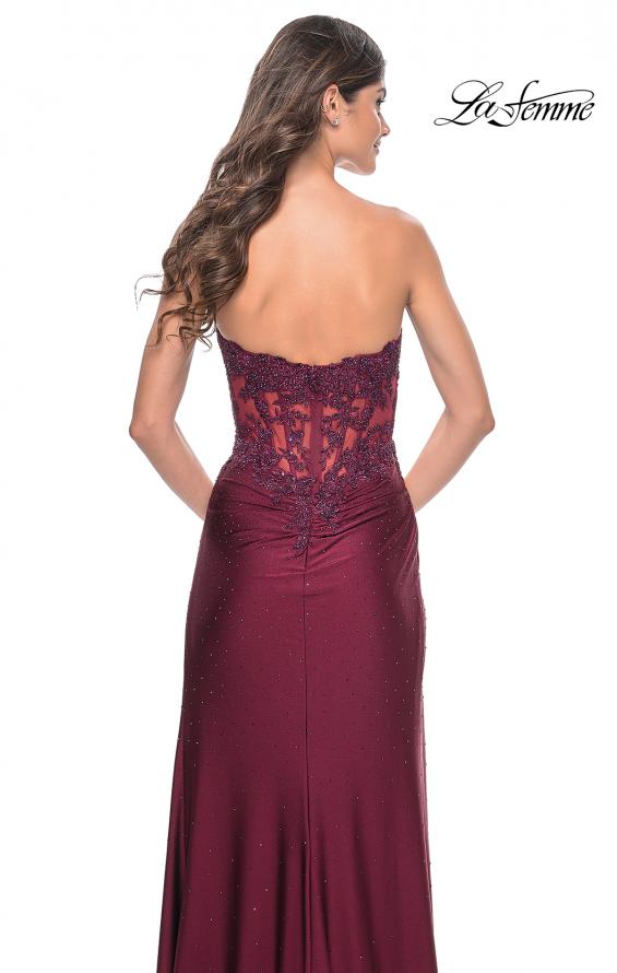La Femme 32011 prom dress images. La Femme 32011 is available in these colors: Black, Dark Berry, Dark Emerald, Royal Blue.
