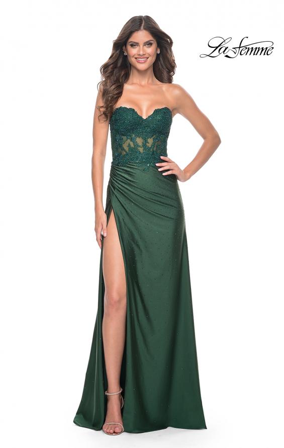 La Femme 32011 prom dress images. La Femme 32011 is available in these colors: Black, Dark Berry, Dark Emerald, Royal Blue.
