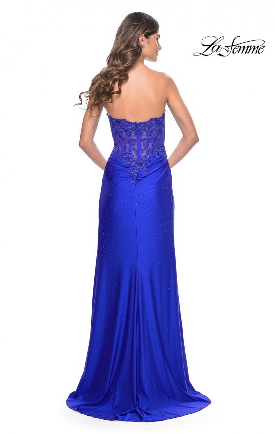 La Femme 32011 prom dress images. La Femme 32011 is available in these colors: Black, Dark Berry, Dark Emerald, Royal Blue.