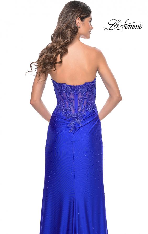 La Femme 32011 prom dress images. La Femme 32011 is available in these colors: Black, Dark Berry, Dark Emerald, Royal Blue.