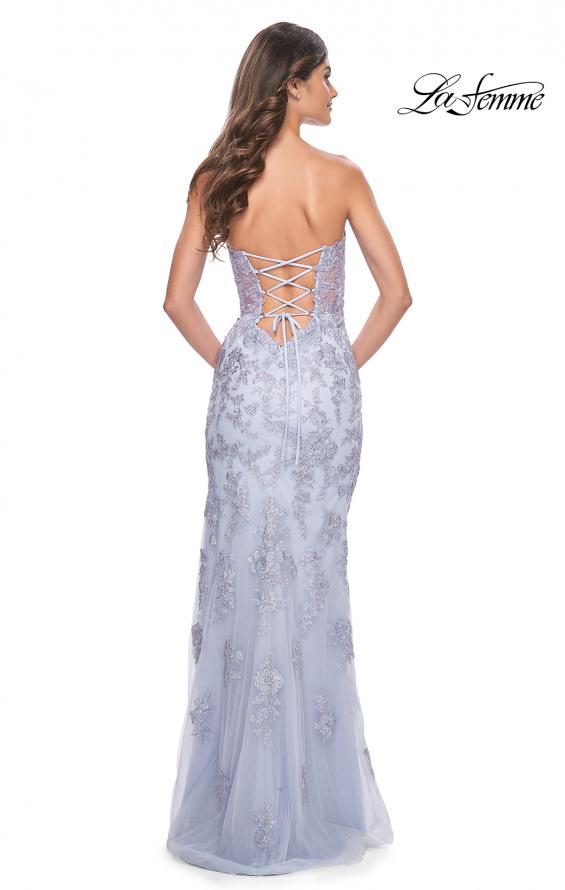 La Femme 32013 prom dress images. La Femme 32013 is available in these colors: Champagne, Light Periwinkle, Silver.