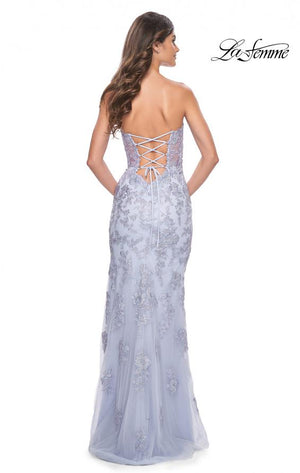 La Femme 32013 prom dress images.  La Femme 32013 is available in these colors: Champagne, Light Periwinkle, Silver.