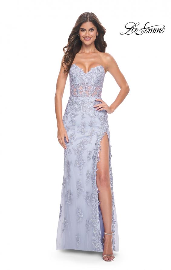 La Femme 32013 prom dress images. La Femme 32013 is available in these colors: Champagne, Light Periwinkle, Silver.