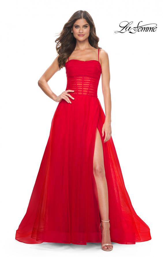 La Femme 32017 prom dress images. La Femme 32017 is available in these colors: Black, Emerald, Indigo, Red.
