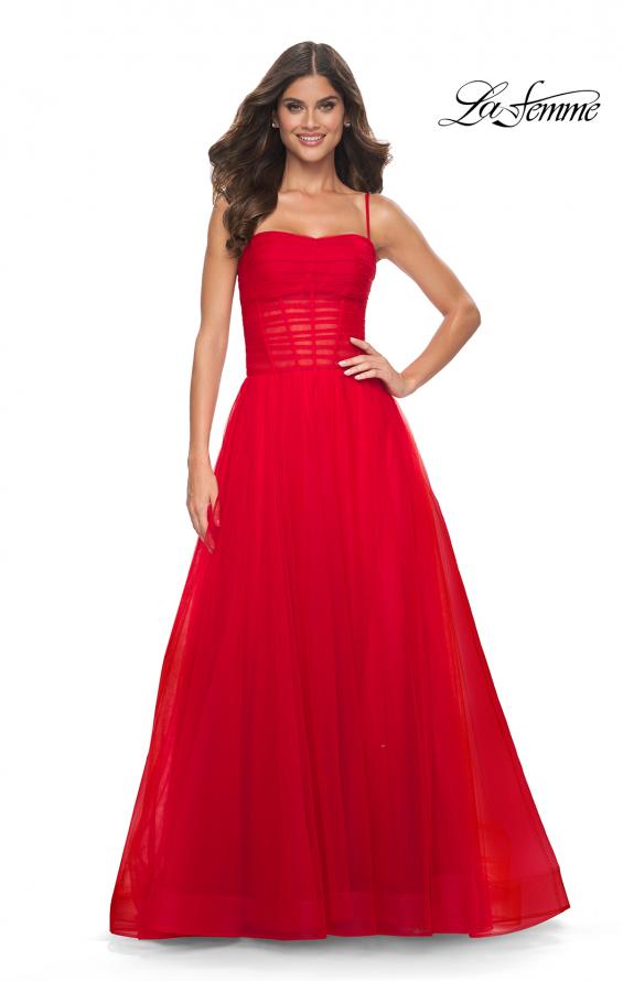 La Femme 32017 prom dress images. La Femme 32017 is available in these colors: Black, Emerald, Indigo, Red.