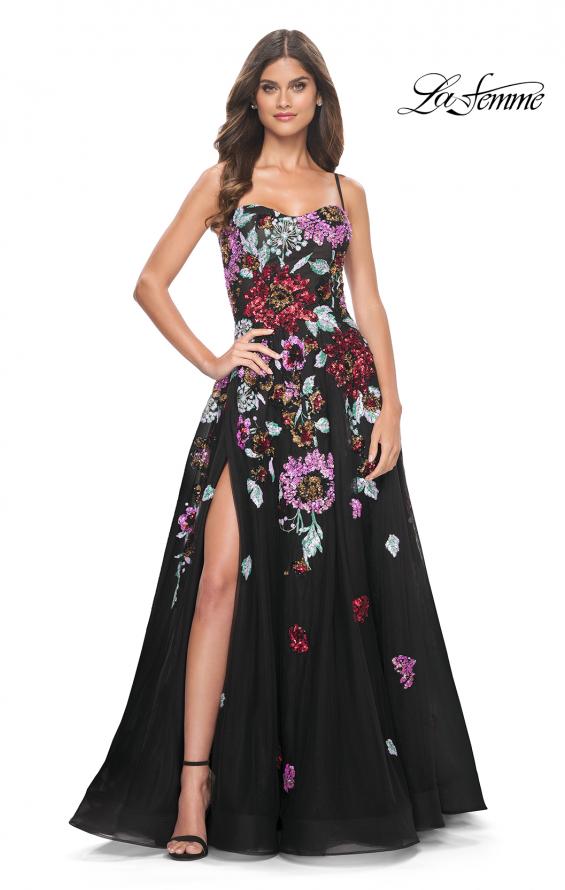 La Femme 32019 prom dress images. La Femme 32019 is available in these colors: Black.