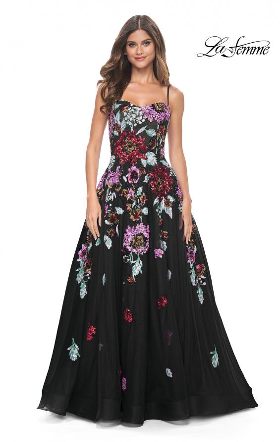 La Femme 32019 prom dress images. La Femme 32019 is available in these colors: Black.