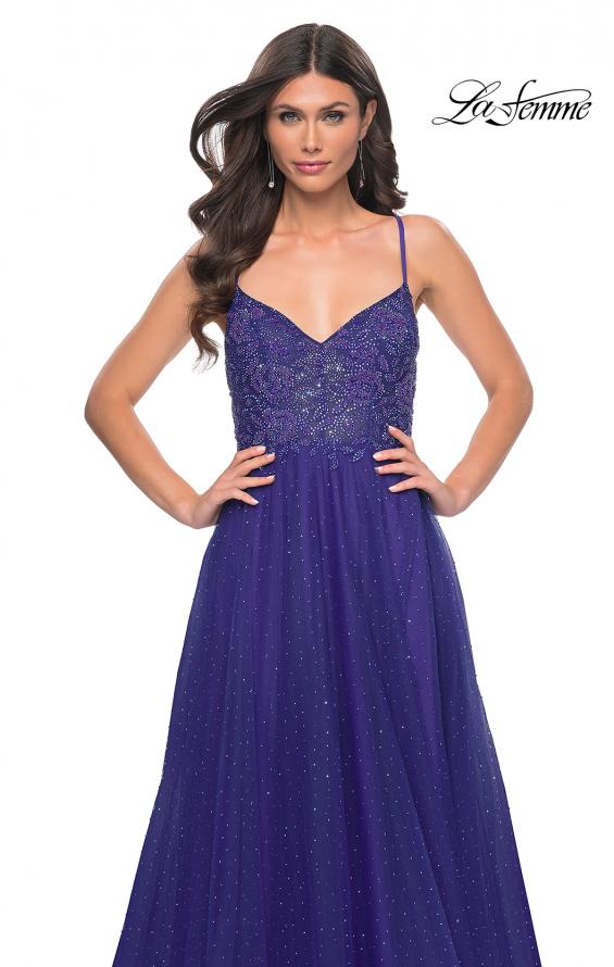 La Femme 32020 prom dress images. La Femme 32020 is available in these colors: Dark Emerald, Indigo, Light Periwinkle.