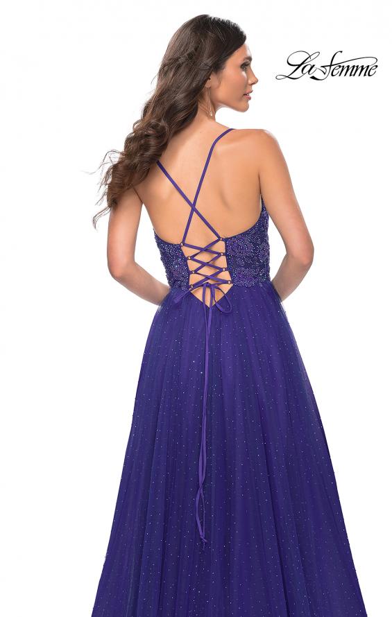 La Femme 32020 prom dress images. La Femme 32020 is available in these colors: Dark Emerald, Indigo, Light Periwinkle.
