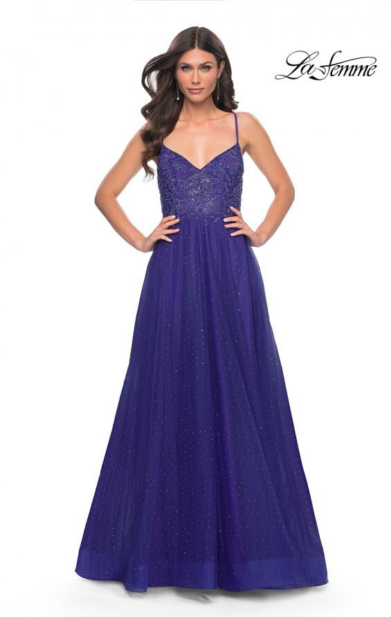 La Femme 32020 prom dress images. La Femme 32020 is available in these colors: Dark Emerald, Indigo, Light Periwinkle.