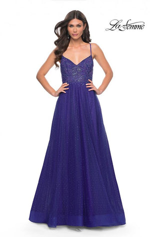 La Femme 32020 prom dress images.  La Femme 32020 is available in these colors: Dark Emerald, Indigo, Light Periwinkle.