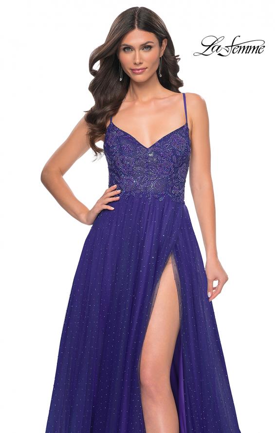 La Femme 32020 prom dress images. La Femme 32020 is available in these colors: Dark Emerald, Indigo, Light Periwinkle.