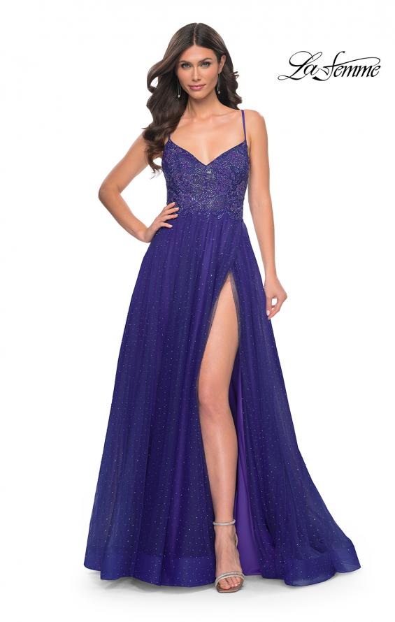 La Femme 32020 prom dress images. La Femme 32020 is available in these colors: Dark Emerald, Indigo, Light Periwinkle.