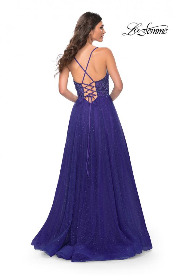 La Femme 32020 prom dress images. La Femme 32020 is available in these colors: Dark Emerald, Indigo, Light Periwinkle.