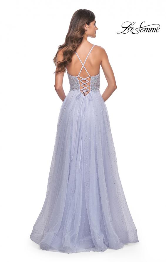 La Femme 32020 prom dress images. La Femme 32020 is available in these colors: Dark Emerald, Indigo, Light Periwinkle.