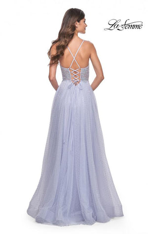 La Femme 32020 prom dress images.  La Femme 32020 is available in these colors: Dark Emerald, Indigo, Light Periwinkle.