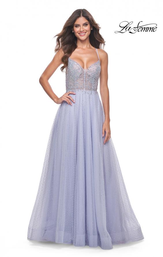 La Femme 32020 prom dress images. La Femme 32020 is available in these colors: Dark Emerald, Indigo, Light Periwinkle.