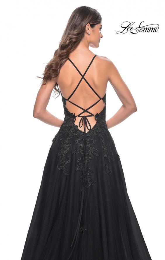 La Femme 32022 prom dress images. La Femme 32022 is available in these colors: Black, Dark Emerald, Indigo.