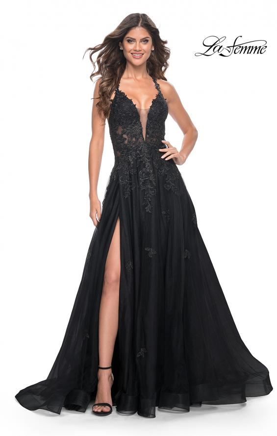 La Femme 32022 prom dress images. La Femme 32022 is available in these colors: Black, Dark Emerald, Indigo.