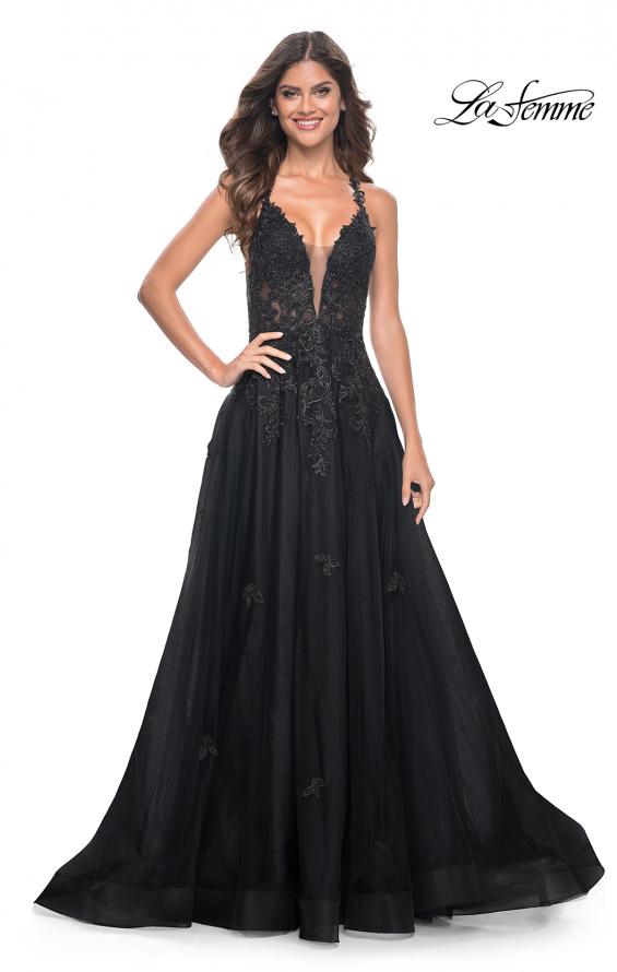 La Femme 32022 prom dress images. La Femme 32022 is available in these colors: Black, Dark Emerald, Indigo.