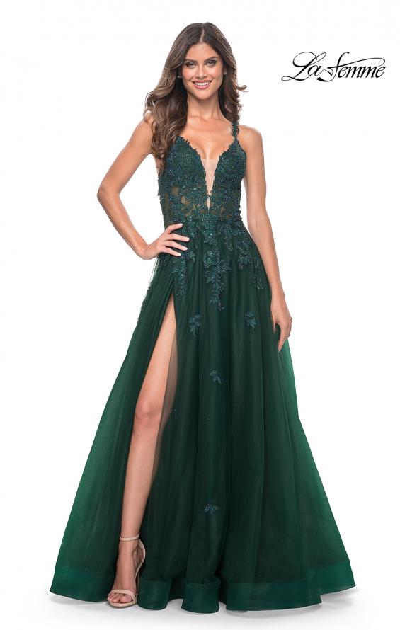 La Femme 32022 prom dress images. La Femme 32022 is available in these colors: Black, Dark Emerald, Indigo.