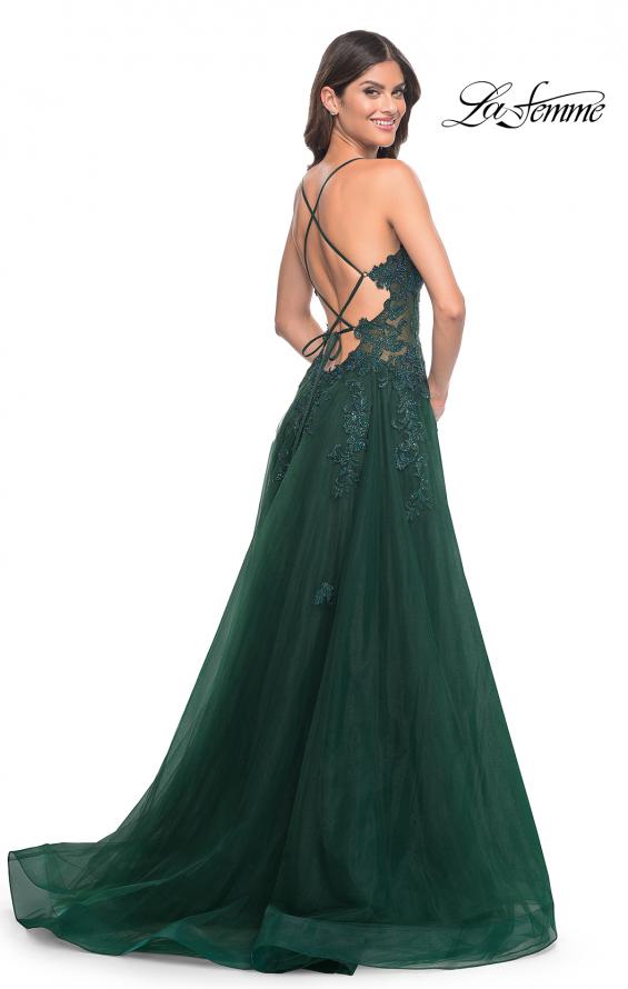 La Femme 32022 prom dress images. La Femme 32022 is available in these colors: Black, Dark Emerald, Indigo.