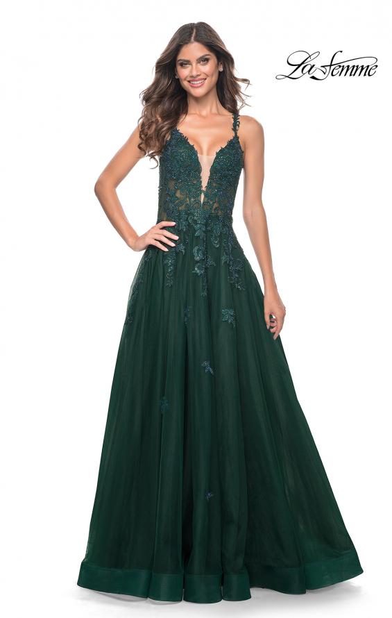 La Femme 32022 prom dress images. La Femme 32022 is available in these colors: Black, Dark Emerald, Indigo.