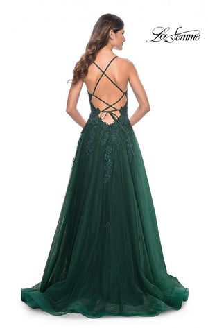 La Femme 32022 prom dress images.  La Femme 32022 is available in these colors: Black, Dark Emerald, Indigo.