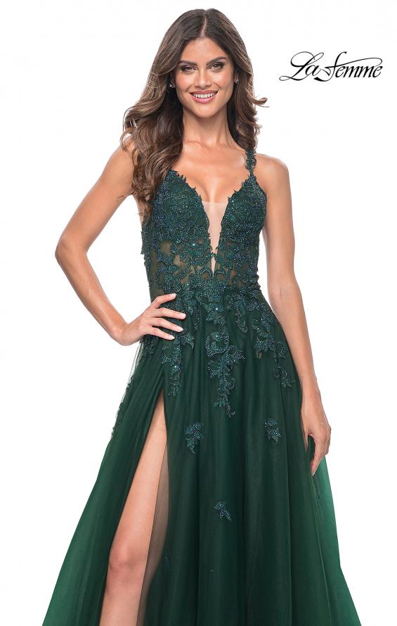 La Femme 32022 prom dress images. La Femme 32022 is available in these colors: Black, Dark Emerald, Indigo.