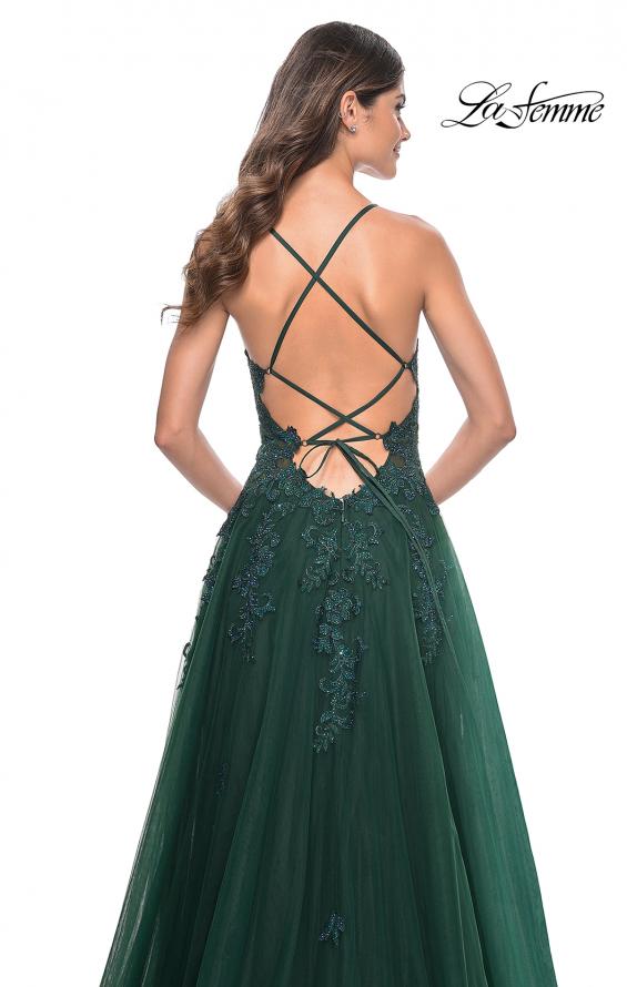La Femme 32022 prom dress images. La Femme 32022 is available in these colors: Black, Dark Emerald, Indigo.