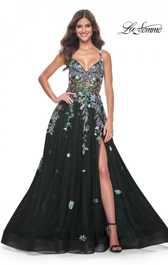 La Femme 32023 prom dress images. La Femme 32023 is available in these colors: Black, Navy.
