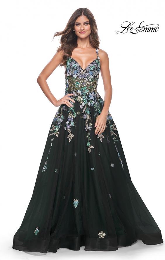 La Femme 32023 prom dress images. La Femme 32023 is available in these colors: Black, Navy.