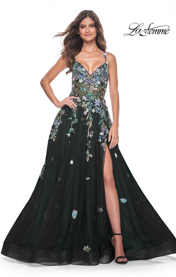 La Femme 32023 prom dress images. La Femme 32023 is available in these colors: Black, Navy.