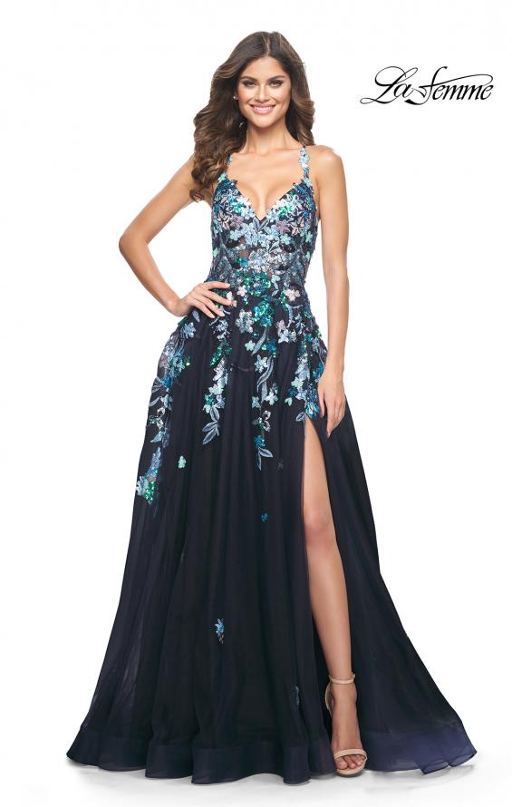 La Femme 32023 prom dress images. La Femme 32023 is available in these colors: Black, Navy.