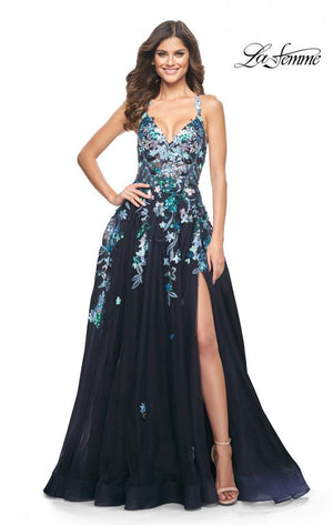 La Femme 32023 prom dress images.  La Femme 32023 is available in these colors: Black, Navy.
