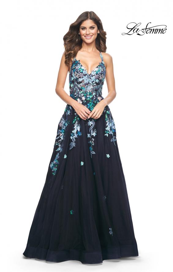 La Femme 32023 prom dress images. La Femme 32023 is available in these colors: Black, Navy.