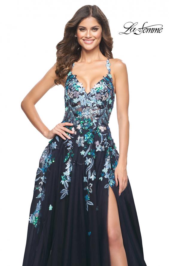 La Femme 32023 prom dress images. La Femme 32023 is available in these colors: Black, Navy.