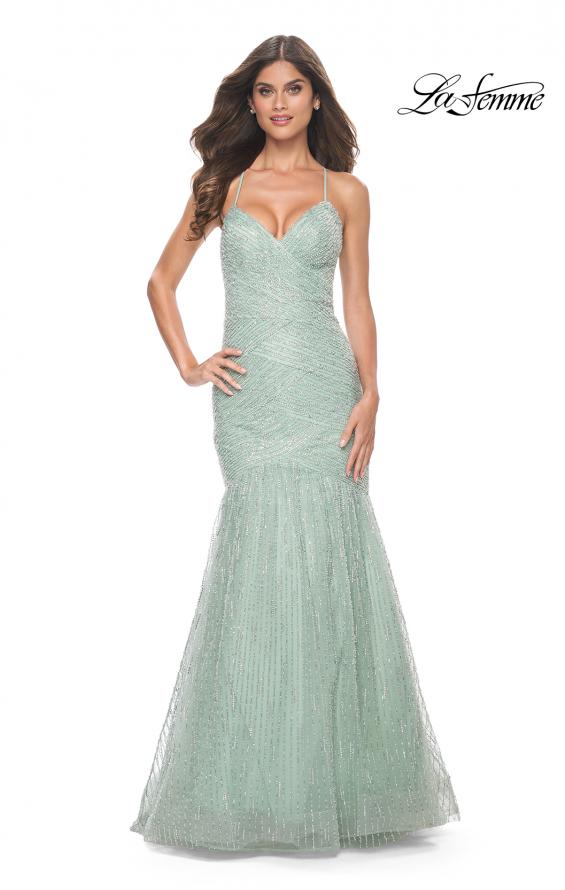 La Femme 32026 prom dress images. La Femme 32026 is available in these colors: Sage.