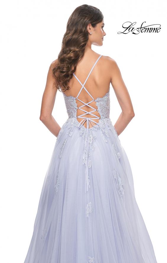 La Femme 32028 prom dress images. La Femme 32028 is available in these colors: Black, Light Periwinkle, Orange, White.