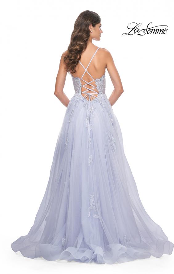 La Femme 32028 prom dress images. La Femme 32028 is available in these colors: Black, Light Periwinkle, Orange, White.