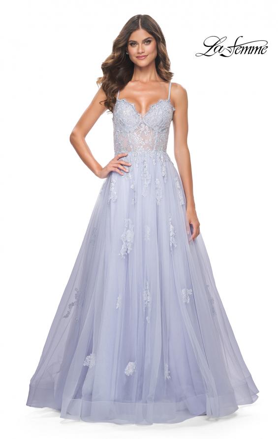 La Femme 32028 prom dress images. La Femme 32028 is available in these colors: Black, Light Periwinkle, Orange, White.