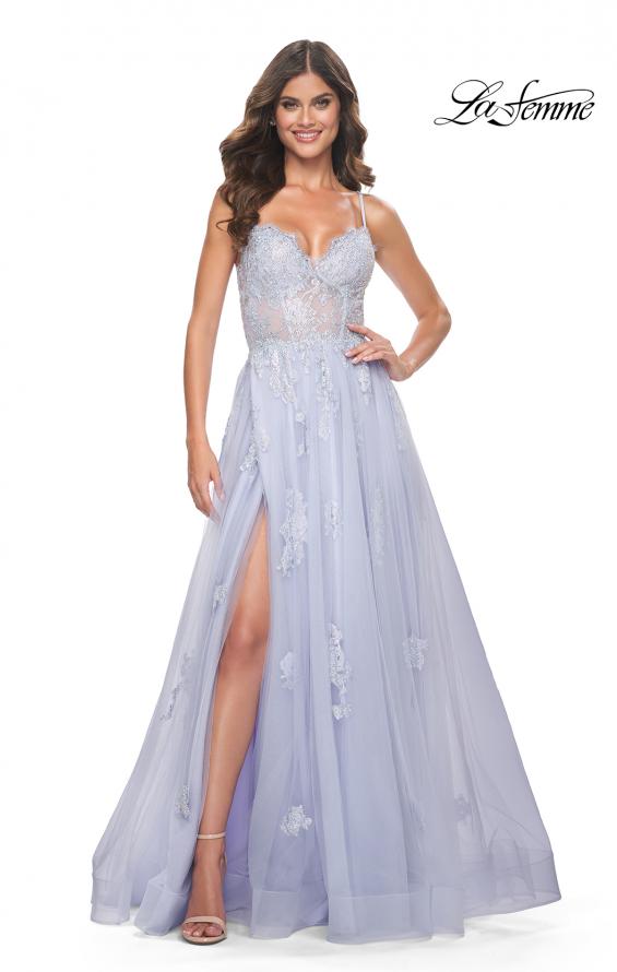 La Femme 32028 prom dress images. La Femme 32028 is available in these colors: Black, Light Periwinkle, Orange, White.