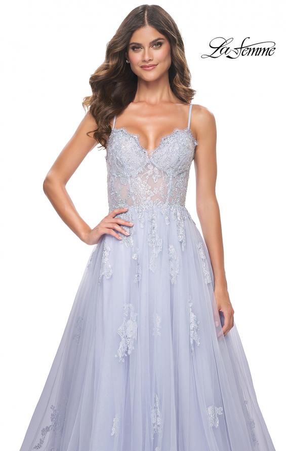 La Femme 32028 prom dress images. La Femme 32028 is available in these colors: Black, Light Periwinkle, Orange, White.