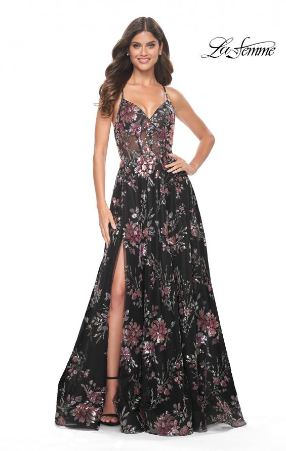 La Femme 32031 prom dress images. La Femme 32031 is available in these colors: Black, Light Pink.