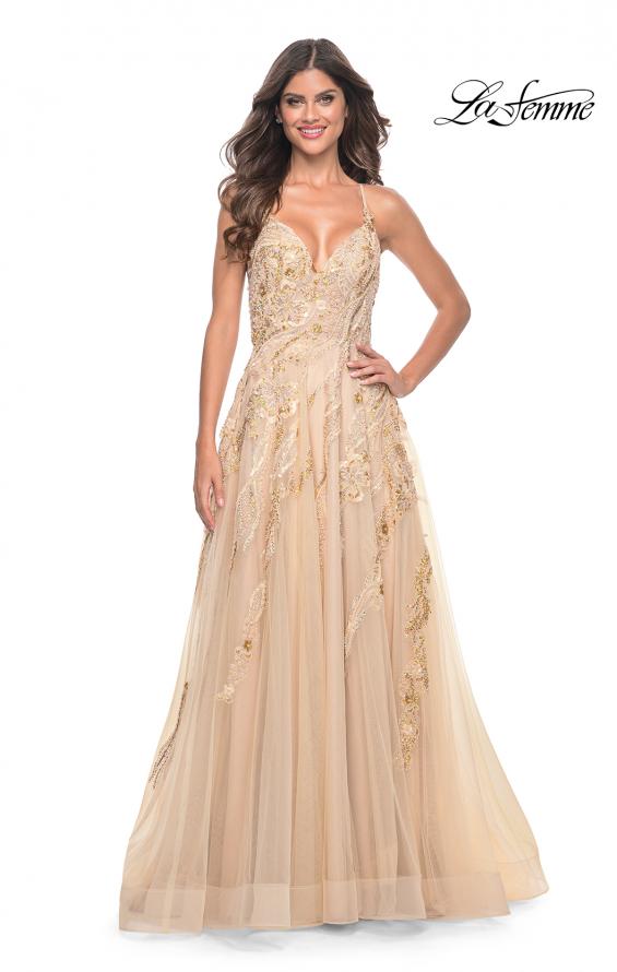 La Femme 32032 prom dress images. La Femme 32032 is available in these colors: Champagne, Cloud Blue, Lavender.