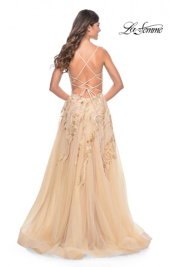 La Femme 32032 prom dress images. La Femme 32032 is available in these colors: Champagne, Cloud Blue, Lavender.