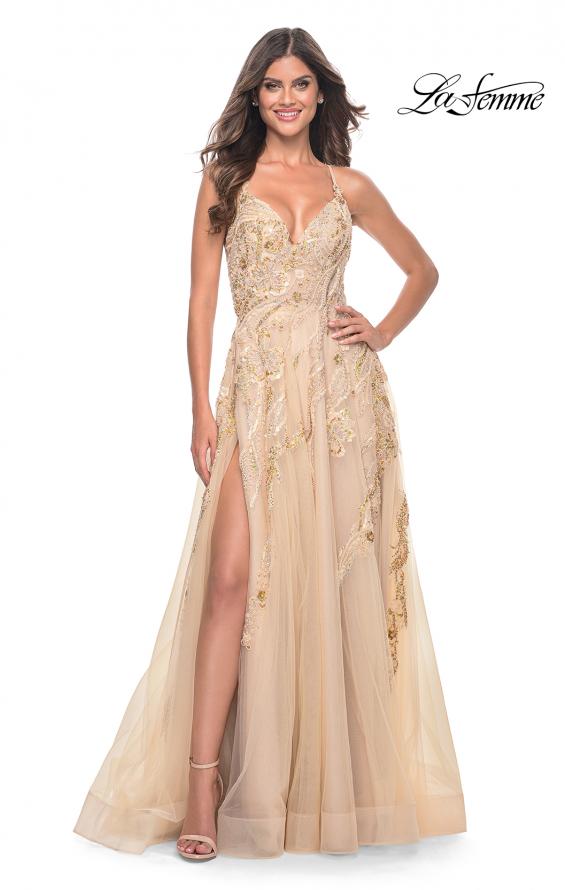 La Femme 32032 prom dress images. La Femme 32032 is available in these colors: Champagne, Cloud Blue, Lavender.