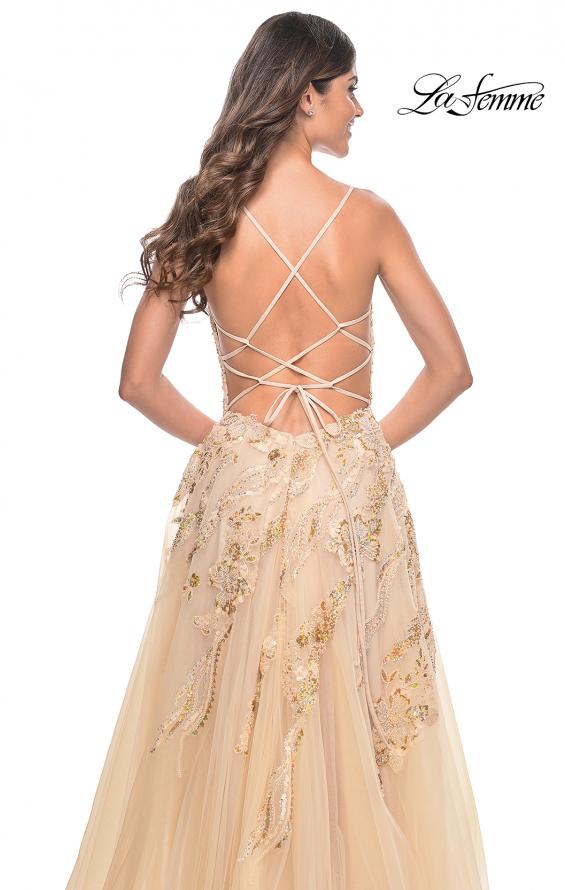 La Femme 32032 prom dress images. La Femme 32032 is available in these colors: Champagne, Cloud Blue, Lavender.