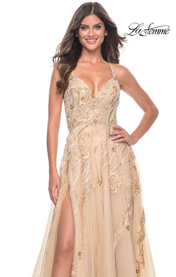 La Femme 32032 prom dress images. La Femme 32032 is available in these colors: Champagne, Cloud Blue, Lavender.