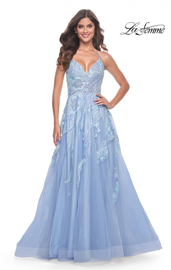 La Femme 32032 prom dress images. La Femme 32032 is available in these colors: Champagne, Cloud Blue, Lavender.
